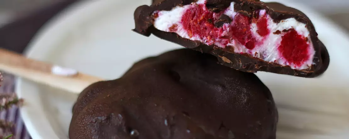 Skyr, ahududu ve çikolatalı dondurma. güneşli günler için sağlıklı atıştırmalık!