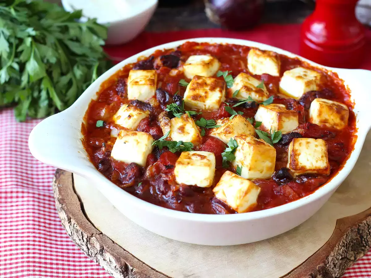 Domatesli ve kızarmış feta peynirli, yavaş pişirilmiş kırmızı fasulye