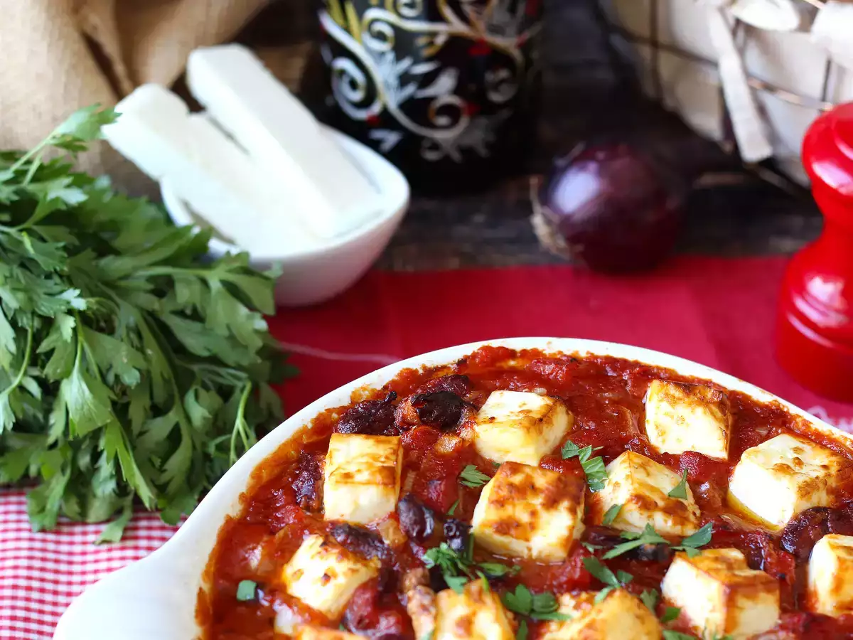 Domatesli ve kızarmış feta peynirli, yavaş pişirilmiş kırmızı fasulye - fotoğraf 2