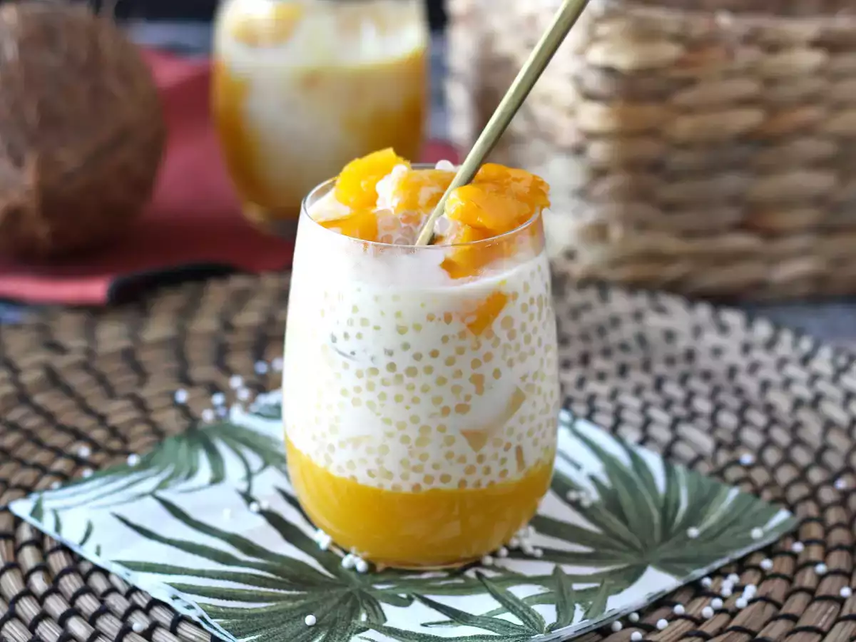 Mango sago, basitliği ile fetheden tapyoka ve mangolu Asya tatlısı. - fotoğraf 5