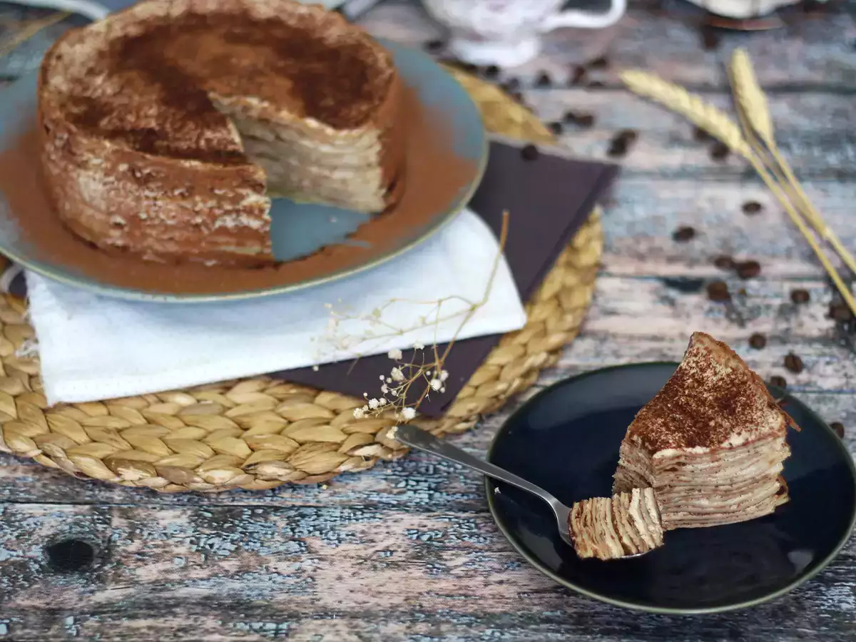 Tiramisu tarzı krep kek, kahve ve kakao ile - fotoğraf 4
