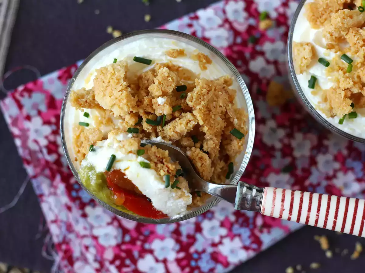 Vejetaryen verrines: bezelye çorbası kreması, parmesan crumble ve mascarpone kreması - fotoğraf 4