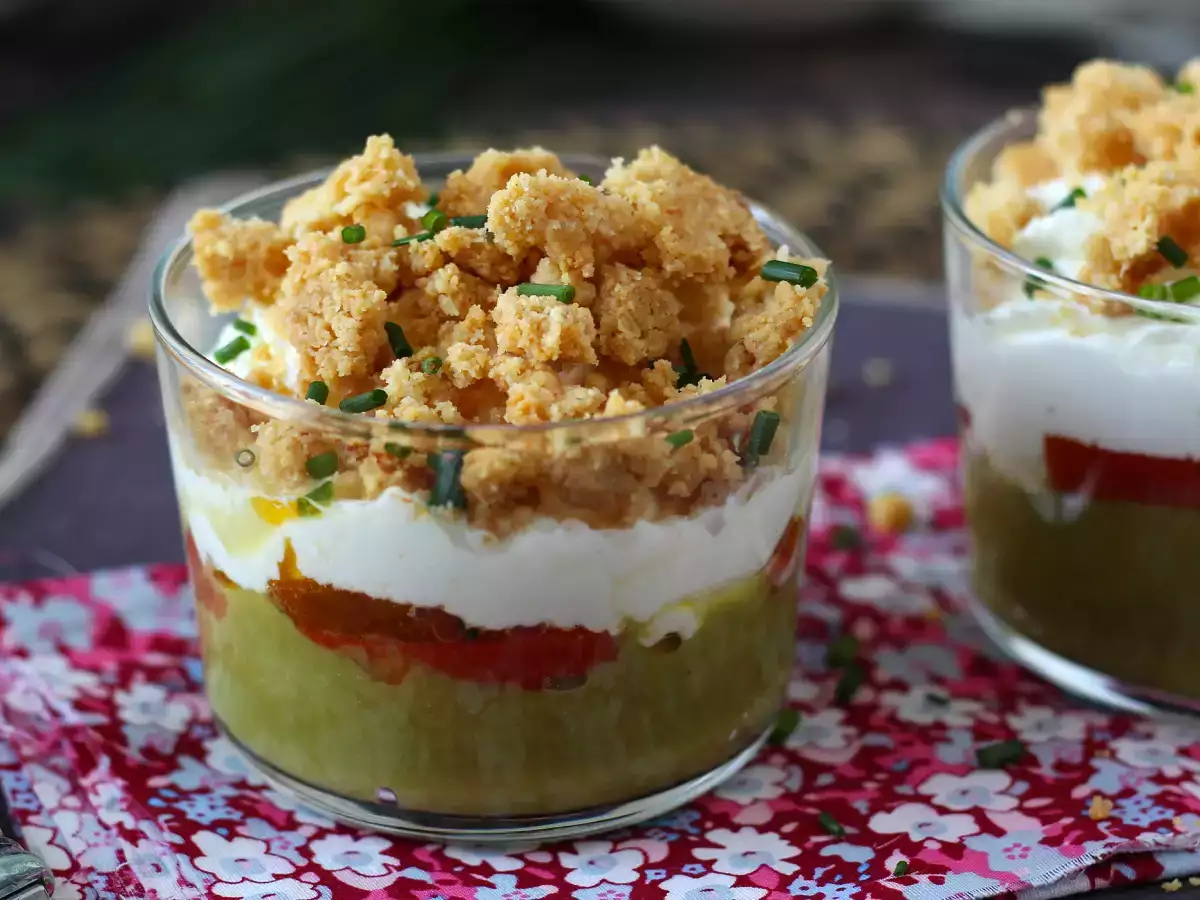 Vejetaryen verrines: bezelye çorbası kreması, parmesan crumble ve mascarpone kreması - fotoğraf 5